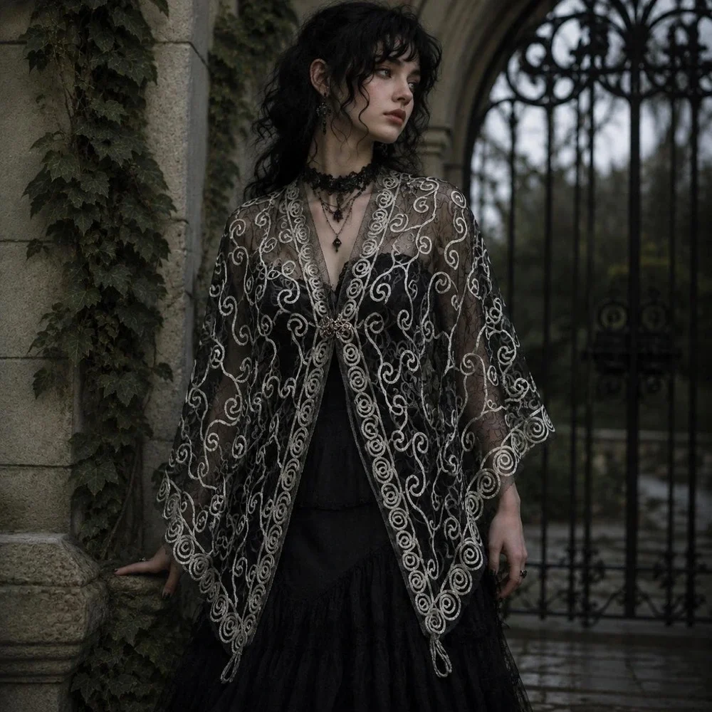 Black Sheer Mesh Poncho Shawl Swirl Print Embroidery Whimsigoth Fairycore